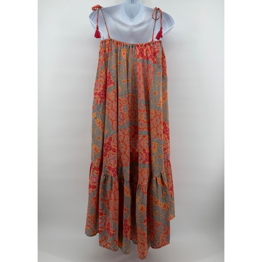 Mooi Endless Possibilities Boho Maxi Silk Blend Dress Tassel Tie Straps S/M NWT - Picture 2 of 11